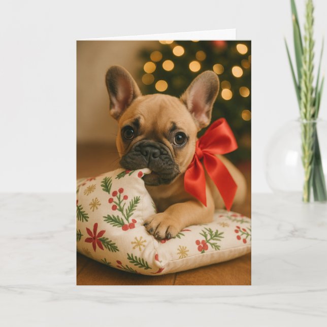 Frenchie Christmas Card – Puppy on Pillow (Front)