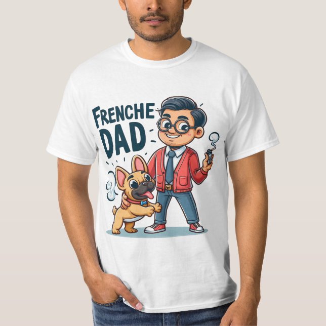 Frenchie Dad Cartoon Design T-Shirt (Front)