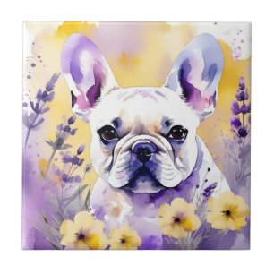 Frenchie Dog Portrait With Wildflowers Tile