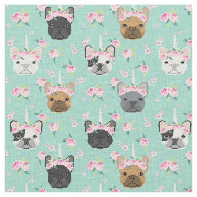 Frenchie Dogs Unicorn Flower Crown pastel mint Fabric (Close Up)
