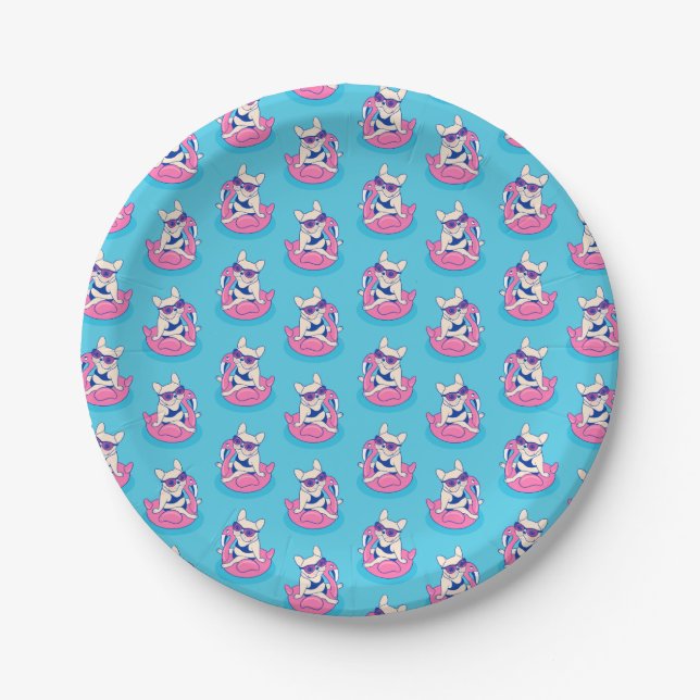 Frenchie enjoys Summer on Flamingo Pool Float Paper Plate (Front)