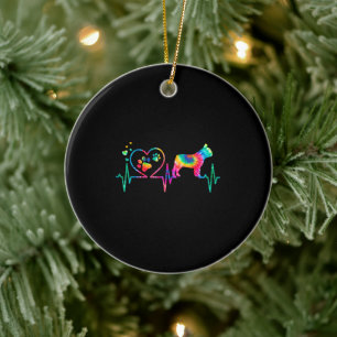 Frenchie French Bulldog Mum Dad Heartbeat Tie Dye Ceramic Tree Decoration