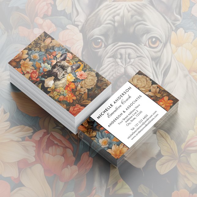 Frenchie French Bulldog Vintage Floral Business Card (Creator Uploaded)