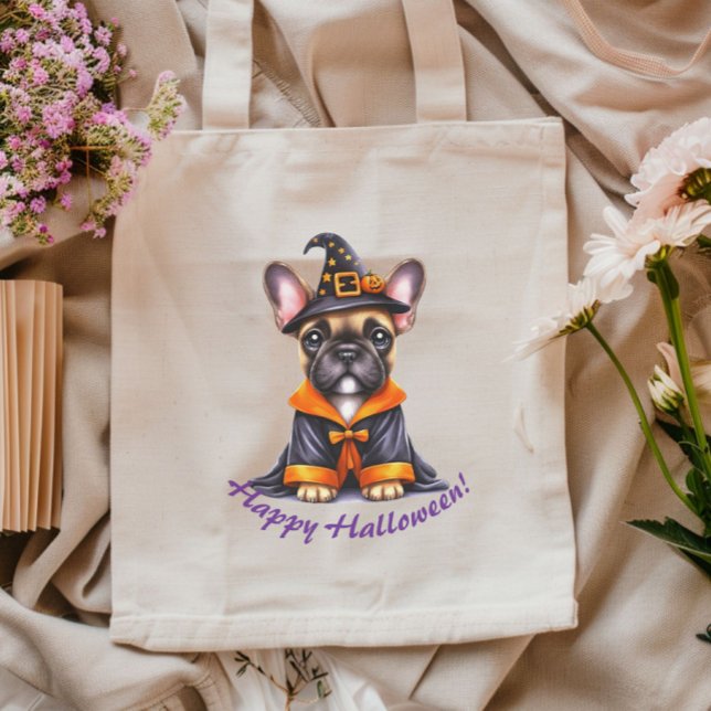 Frenchie Halloween Purple Robe Witchy Hat Tote Bag (Creator Uploaded)