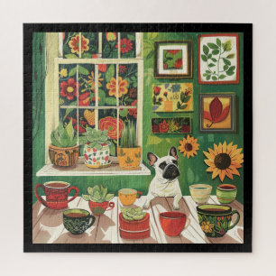 Frenchie in Boho Garden Tea Room Jigsaw Puzzle