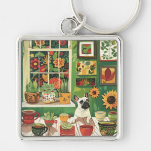 Frenchie in Boho Garden Tea Room Key Ring
