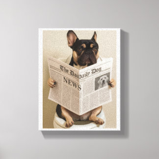 Frenchie on toilet, reading newspaper  canvas print