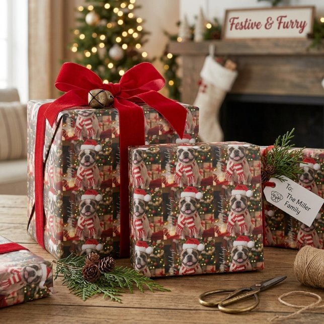 Frenchie Paw Print Dog Bone Christmas Pattern Wrapping Paper (Creator Uploaded)