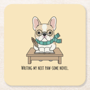 Frenchie Puppy Author Writing Pastel Yellow Doodle Square Paper Coaster