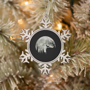 Frenchie Standing On Mountain Moonlight Halloween Snowflake Pewter Christmas Ornament