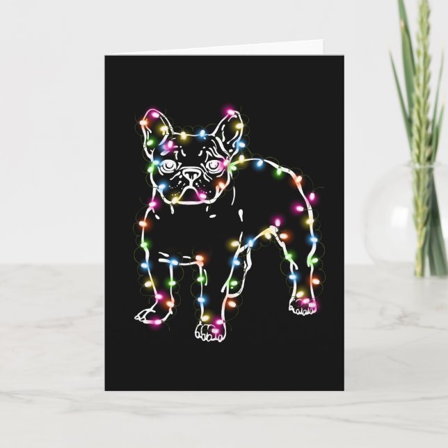 Frenchie With Christmas Lights Merry Christmas Card (Front)