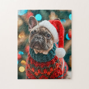 Frenchie With Santa Hat Christmas Tree Jigsaw Puzzle