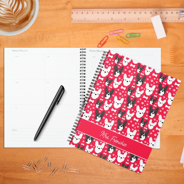 Frenchies French Bulldog Pattern Weekly Monthly Planner (Frenchies in Red Customized Planner)