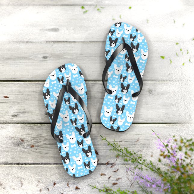 Frenchies French Bulldogs Cute Funny Pattern Blue  Jandals (Frenchies French Bulldog Flip Flops in blue)