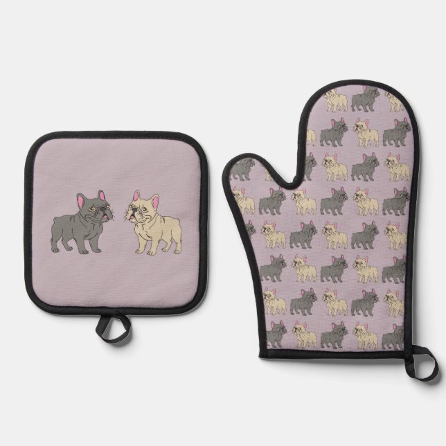 Frenchies, Purple Oven Mitt & Pot Holder Set (Front)