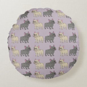 Frenchies, Purple Round Cushion