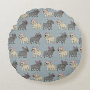 Frenchies, Smokey Blue Round Cushion