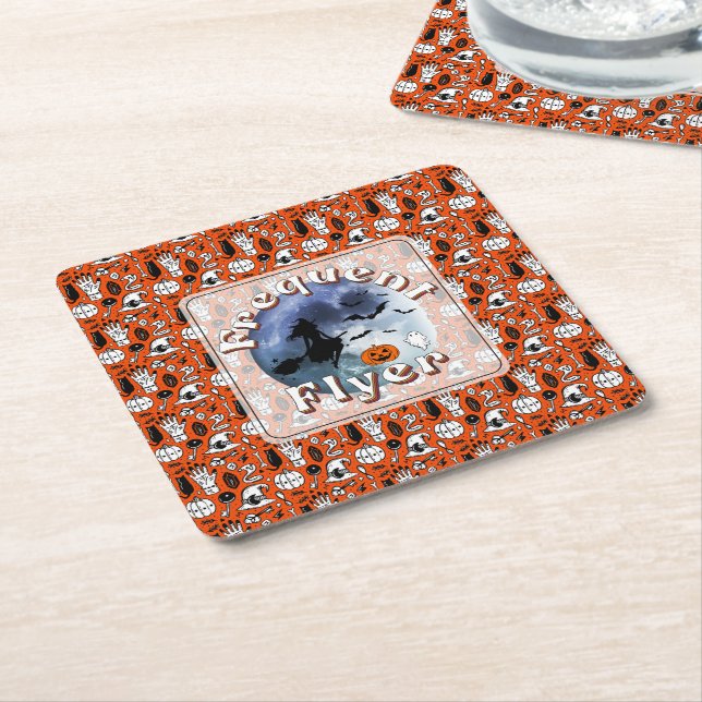 Frequent Flyer Halloween Witch Riding Broomstick Square Paper Coaster (Angled)