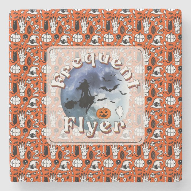Frequent Flyer Halloween Witch Riding Broomstick Stone Coaster (Front)