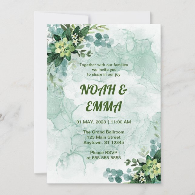 Fresh and Clean White and Green Wedding Invitation (Front)