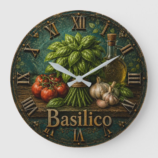 Fresh Basilico Italian Herb Farmhouse Kitchen Large Clock (Front)