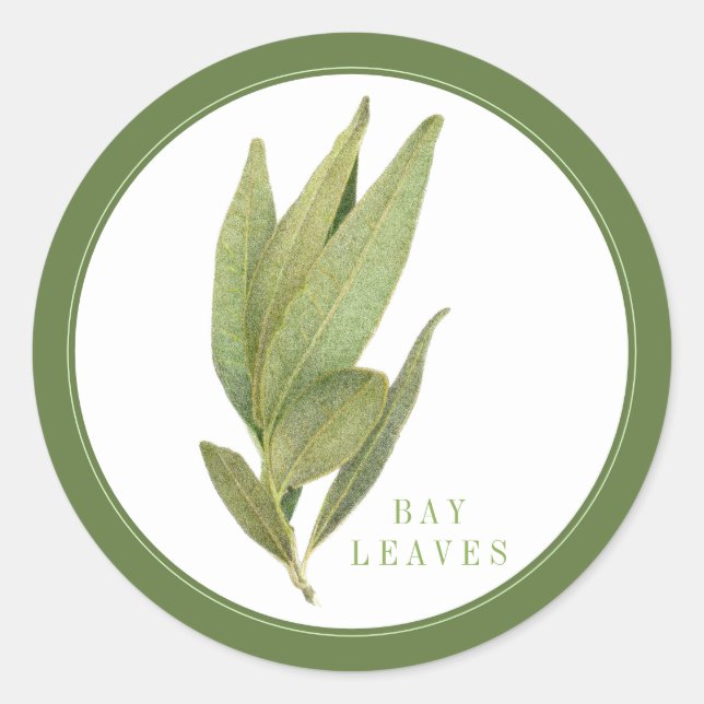 FRESH BAY LEAVES Large Round Stickers +text Green (Front)