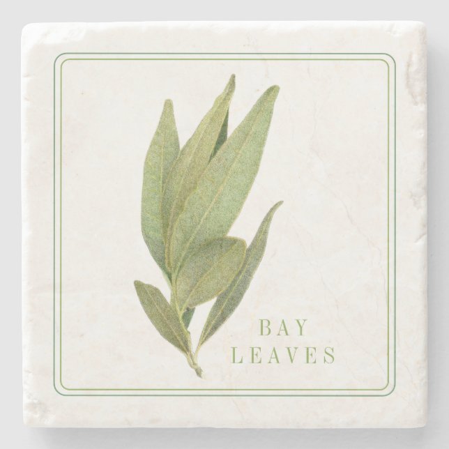 FRESH BAY LEAVES Marble Stone Coaster (+text) (Front)