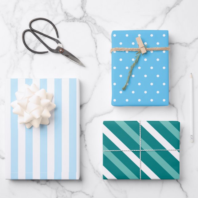 Fresh Blue White Stripes and Dots Wrapping Paper Sheet (Front)