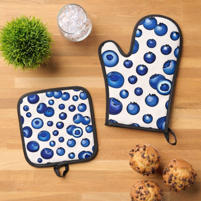 Fresh Blueberry Pattern Oven Mitt & Pot Holder Set (Top Down)