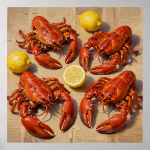 Fresh Boiled Lobster Lemon Newspaper Feast Poster
