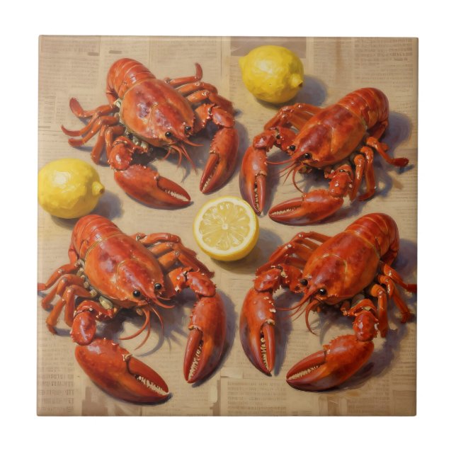 Fresh Boiled Lobster Lemon Newspaper Feast Tile (Front)