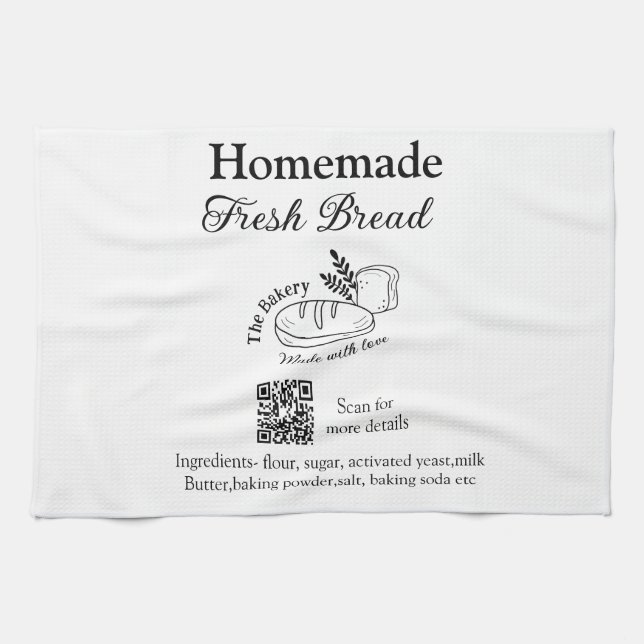 Fresh bread bakery add name ingredients Q r code h Tea Towel (Horizontal)