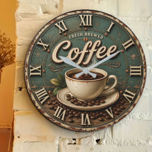Fresh Brewed Coffee Rustic Farmhouse Large Clock