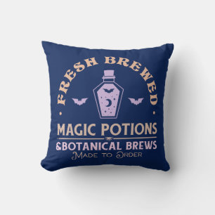 Fresh Brewed Magic Potions Witchy Blue Halloween Cushion