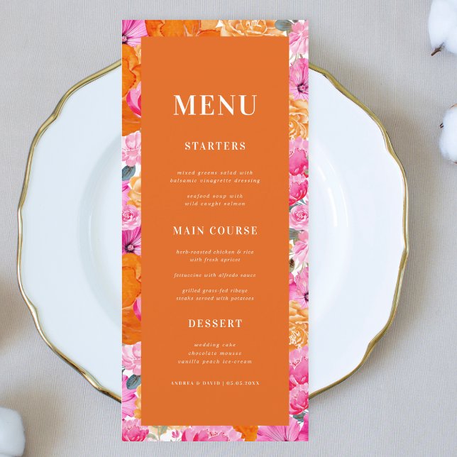 Fresh Bright Pink and Orange Floral Bloom Wedding Menu (Creator Uploaded)