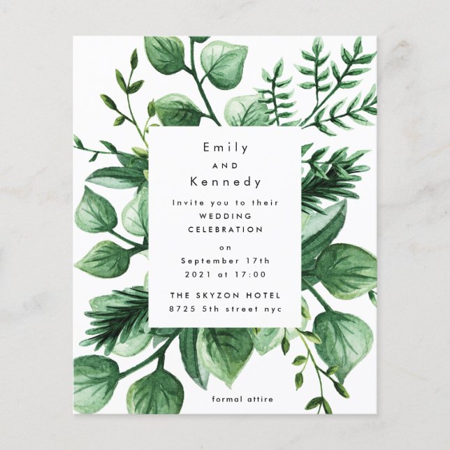 Fresh Budget Greenery Leafy Modern Wedding Flyer (Front)
