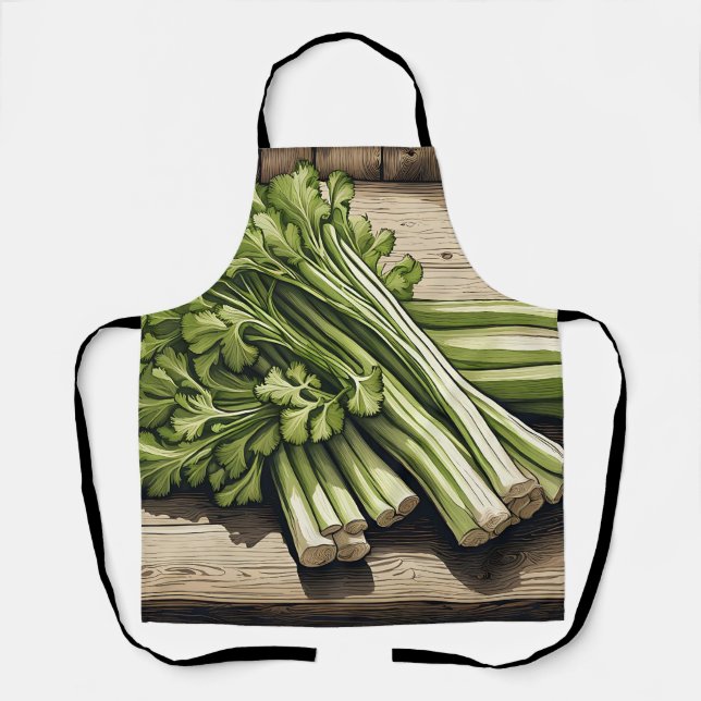 Fresh Celery Bunch on Wood Apron (Front)