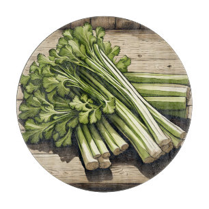 Fresh Celery Bunch on Wood Cutting Board