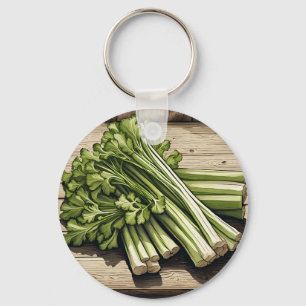 Fresh Celery Bunch on Wood Key Ring