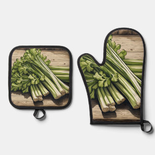 Fresh Celery Bunch on Wood Oven Mitt & Pot Holder Set