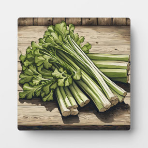 Fresh Celery Bunch on Wood Plaque