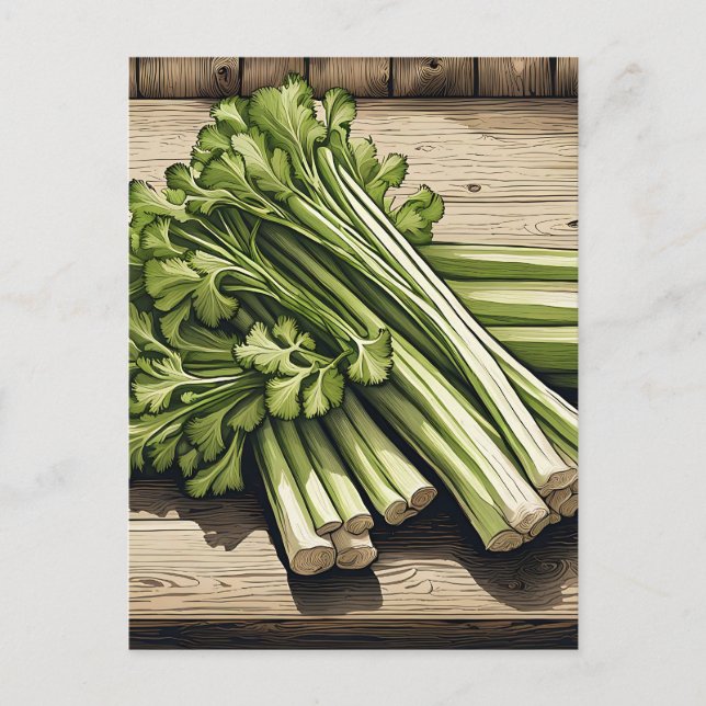 Fresh Celery Bunch on Wood Postcard (Front)