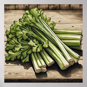 Fresh Celery Bunch on Wood Poster