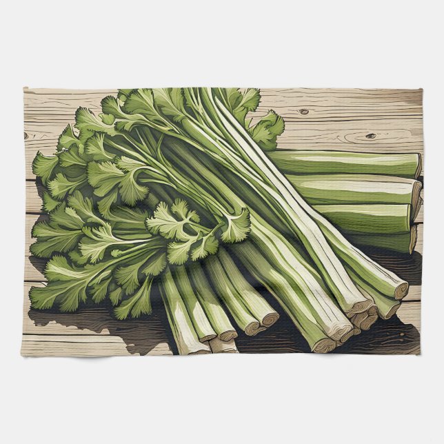Fresh Celery Bunch on Wood Tea Towel (Horizontal)