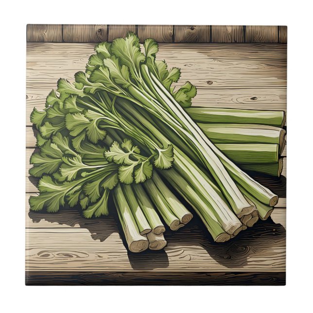 Fresh Celery Bunch on Wood Tile (Front)
