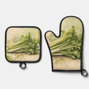 Fresh Celery Bunch Watercolor Oven Mitt & Pot Holder Set