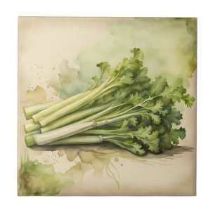 Fresh Celery Bunch Watercolor Tile