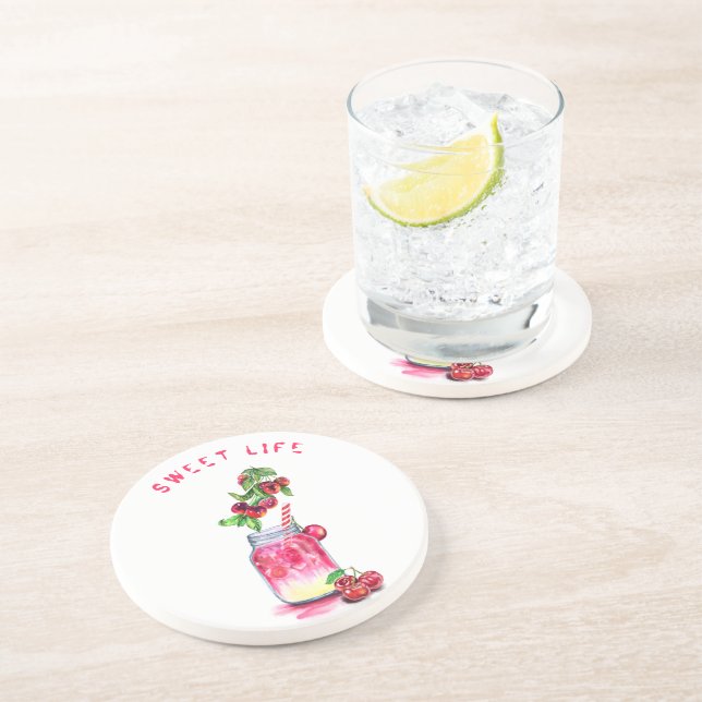 Fresh Cherry Drink Coaster - Custom Text (Side)