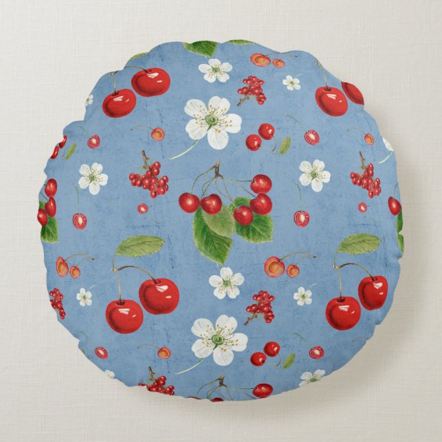 Fresh Cherry Harvest & Blossom Pattern Round Cushion (Front)