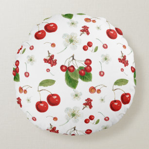 Fresh Cherry Harvest & Blossom Pattern Round Cushion